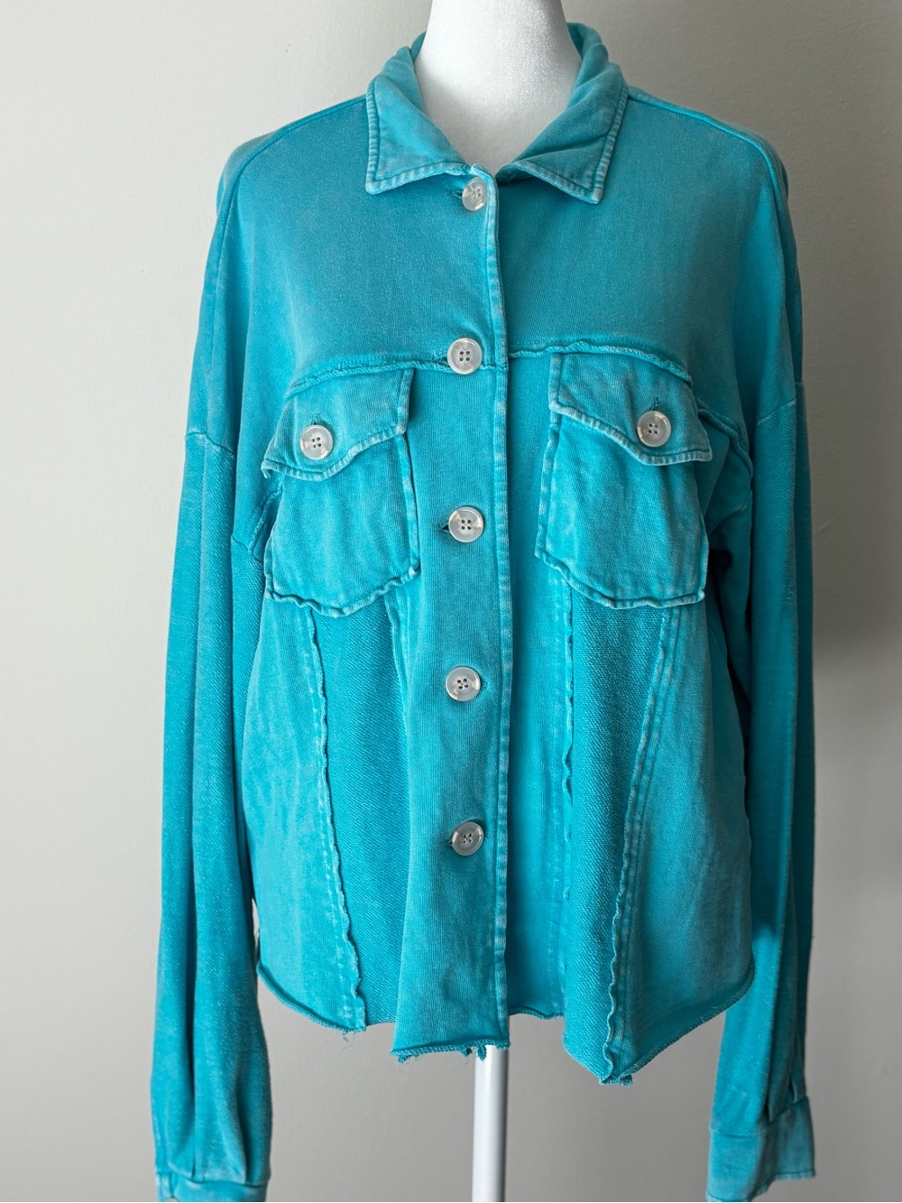 easel Turquoise Button-Front Denim Jacket